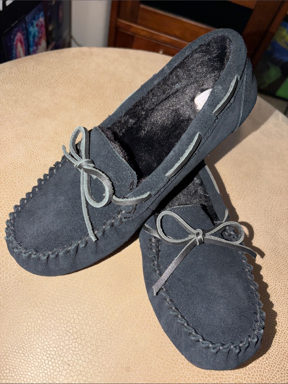 Auden Woman’s Black Suede Moccasin Slippers with Bow Accent Size 6